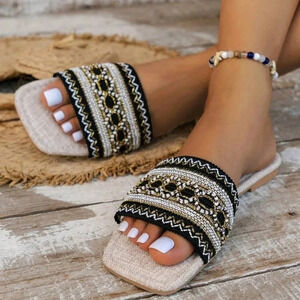 Women's Summer Flat Sandals, Black Embroidery Style Slippers For Party & Beach